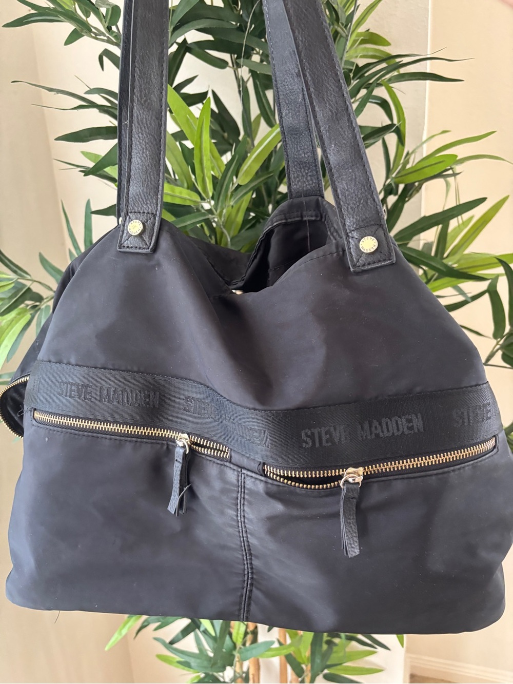 Steve Madden Black Messenger Tote with Gold Zippers